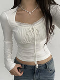 Bonnyshow Bandage Folds Square Collar Crop Top Women Fairycore y2k White T Shirts Basic Knitted Elegant Tees Vintage 2000s Clothing