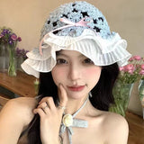 Bonnyshow Hollow Bow Knot Bucket Hat Korean Hole Lace Knit Spring and Summer Travel Beach Sun Protection Fisherman Hat Japanese Kawaii Cap