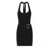 Bonnyshow  3 COLORS Sexy Knitting Tie Bow Halter Collar Dress Women Lacing Up Bow Belt Skinny Package Hips Short Knit Dresses Tank Robe
