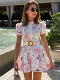 Bonnyshow  Elegant Women Print Short Dress With Belt Lapel Sleeveless Pleated Vestidos 2025 Summer Elegant Female Vacation Party Dresses