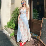 Bonnyshow  Summer Women Long Dress Sleeveless Patchwork Floral Gingham Spaghetti Strap Elegant Slim Maxi Dress Casual Vacation Beachwear
