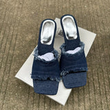 Tassel Denim Slippers Women Summer Vintage Blue High Heels Sandals Casual Streetwear Heeled Ladies Shoes Fashion Slides New 2025