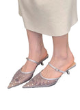 Bonnyshow  Fashion Crystal Mesh Pointed Toe Rhinestone High Heels Mules Sandals Women Pumps Shoes Buckle Strap Sexy Stilettos Mujer