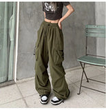 Bonnyshow Women Casual Tech Pants Drawstring Black Low Waist Wide Leg Trousers Oversized Sweatpant Baggy Joggers Y2k Streetwear Cargo Pant