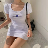 Bonnyshow  Slim Elastic Short Sleeve Letter Hip Dress O-Neck Women'S Clothing Solid Color Round Neck Skirts Comfortable Pullover Summer