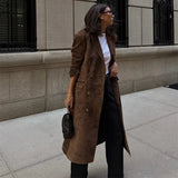 Bonnyshow Solid Color Casual Long Women's Coat Turndown Collar Vintage Brown Jacket Fashion New Double Breasted Coats Loose Outerwears