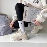 Bonnyshow  New Women New Fashion Platform Sport Shoes Women Summer Black Casual Chunky Sneakers Women Mesh Leather Platform Shoes