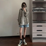 Bonnyshow  Women's Plaid Shirt Wool Coats and Blends Women Blouses and Tops   Women's Long Sleeve Top Autumn Spring Clothes Ladies