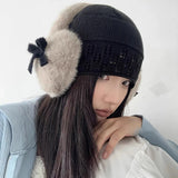 Bonnyshow Women Bow Knot EarMuffs Kawaii Heart Fluffy Ear Muffs Cold Protection Women Ear Cover Thickened Plush Japanese JK Girls Earplugs