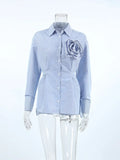 Bonnyshow Women Fashion Autumn Casual Striped Blue Flower Slim Fit Long Sleeved Shirt Office Lady Commuting Versatile Chic Shirt