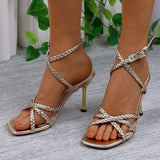 Bonnyshow  Summer Ankle Strap Retro Woman Shoes Beige Heeled Sandals Large Size Square Toe Breathable Original Black Big Low Stiletto