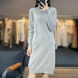 Bonnyshow Female New  Autumn And Winter Mink Cashmere Sweater Woman High Turn-Down Collar Long Dress Pullover Knitted Bottoming Skirt