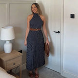 Bonnyshow  Polka Dot Halter Long Dress Women Elegant Sleeveless Backless Lace Up High Wasit Slim Vestido 2025 New Summer Fashion Lady Robes