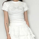 Bonnyshow  Polka Dot Rabbit Print Slim Short Sleeve White T-shirts Women Tops Summer New Chic Casual Tight Sweet Lace Spliced Short Top