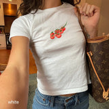 Bonnyshow  Women Clothing Y2K High Street Harajuku Retro Goth Aesthetic Punk Fashion Casual Tomato Print Short Sleeve Top Short Navel Emo