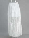 Bonnyshow  Floral Jacquard Lace White Long Skirt Women Summer High Waist Loose Sexy Sheer Midi Skirts Streetwear Casual Fashion Skirts New