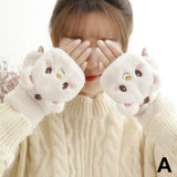 Bonnyshow New Cute Knit Mittens Plush Fingerless Gloves Flip Half Finger Driving Glove Winter Soft Warm Thick Gloves For Women Girl