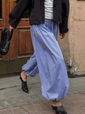 Bonnyshow  Streetwear Blue Striped Print Casual Pants Elastic Low Rise Loose Trousers y2k Aesthetic Korean Style Hippie Trousers