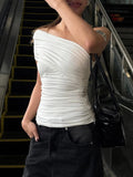 Bonnyshow  Daily Slanted Shoulders t-Shirts Women Folds Skinny Elegant Temperament Summer Trend Commute Versatile Solid Classic Top