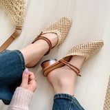 Bonnyshow  Vintage Woven 1 Slip-on Toe Half Slippers Women's New Outwear French Fairy Style Thick Heel Holiday Shoes