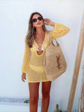 Bonnyshow  Solid Color Sexy V-neck Hollow Out See-through Knit Beach Mini Dress 2025 Women's Summer Holiday Beachwear Swimsuit Cover Up C41