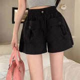 Bonnyshow  Design Sense Double Pocket Shorts Women'S Solid Spliced Button Pocket Drawstring Loose Casual High-Waist Wide Leg Trousers