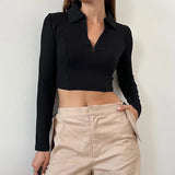 Bonnyshow Women's T-shirt Autumn Winter New Black Long Sleeves Crop Top Casual Fashion Zippers T-shirt Female Turn-down Collar Sexy Tops