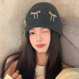 Bonnyshow Korean Bow Beanie Cap for Women Y2K Winter Warm Knitted Wool Hat Solid Color Female Ear Protection Hats Bonnet