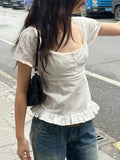 Bonnyshow  Fashion Solid Slim Lace Trim Bow Women Chic T-Shirts Ruffly Causal Simple Summer Trendy Sweet Cute Blouses