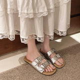 Bonnyshow  Belt Buckle Slippers Women's Fashion Round Head Open Toe Metal Buckle Soft Soled Non-slip Wear-resistant Flat Shoes