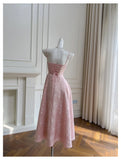 Bonnyshow  Elegant Pink Floral Midi Dress For Women Sleeveless A Line Romantic And Chic Simple And Stylish TH9794