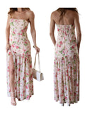 Bonnyshow  Women Off Shoulder Ruffle Dress Elegant Floral Print High Low Hem Maxi Dress for Wedding Party Prom Evening Gown Beach