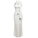 Bonnyshow  Elegant Sequined Patchwork 3 Piece Set Women Basic Scarf+Square Collar Tank Tops+Ruched Long Skirt Matching Trend Suits