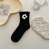 Bonnyshow Warm Coral Velvet Socks for Women Kawaii Flower Bows Mid Tube Sock Lady Thicken Warm Plush Sleep Home Floor Socks
