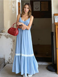Bonnyshow  Chic Blue Patchwork A-line Long Dress Elegant Sleeveless Off Shoulder Loose Dresses For Women 2025 Summer Vacation Beach Gowns