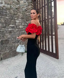 Bonnyshow Beautiful Black Stretchy Sheath Long Evening Dresses With Handmade Flower Details Sexy Strapless Bloom Formal Party Dress