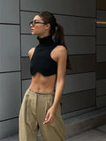 Bonnyshow Y2k Black Knitting Turtleneck Crop Top Women Sexy Irregularity Skinny Elasticity Tank Top Fashion Club Top Streetwear