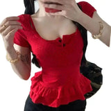 Bonnyshow  Two-Piece Suit Polka-Dot Flounce Sling Sweet Square Collar Slim Tops New Design French Style T-Shirts Women