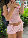 Bonnyshow  Simple Fashion Solid Ruched Women Sweet 2 Piece Set Summer Causal Bow Design Trendy Suit