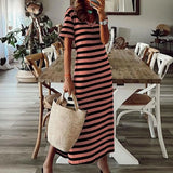 Bonnyshow Round Short Sleeve Dress Black And White Striped Dresses Casual Elegant Side Split V Neck Sheath Slim Dress Summer Bodycom Dress