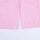 Bonnyshow  Women's Versatile Collar Striped Shirt with Belt Casual Pants Spring New Style Three Piece Set
