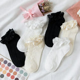 Bonnyshow White Lolita Japanese Frilly Ruffle Socks Women Socks Solid White Black Meshes Lace Girls Sweet Harajuku Kawaii Cute Short Socks