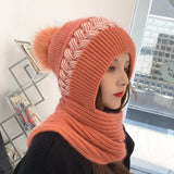 Bonnyshow Winter Thicken  Add Fur Knitted Soft Hat With Scarf Outdoor Cycling Windproof Keep Warm Balaclava Pompoms Ball Caps