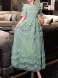 Bonnyshow  Green Short Sleeve Round Collar Tierred Ruffles A Line Dresses For Women 2025 Spring Fashion Female New Dress TH9104
