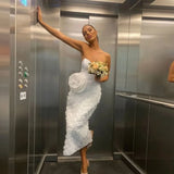 Bonnyshow Pretty Pure White 3D Flower Evening Dresses Strapless Ankle Length Women Floral Dresses To Party Wedding Party Dress