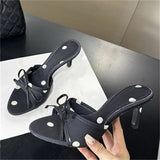 Bonnyshow  Summer Satin Polka Dot Butterfly-kont Thin Heels Women Slippers Fashion Open Toe Party Slides Shoes