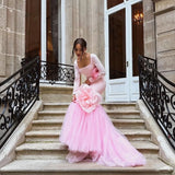 Bonnyshow Eye Catching Pink Mermaid Evening Dresses With 3D Flower Details Square Neckline Full Sleeves Long Formal Dress