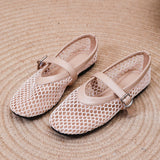 Bonnyshow  Net Flat Fashion Sandals New Summer Round Head Breathable Non-slip Line Button Mary Jane Fishnet Shoes Ladies Shoes