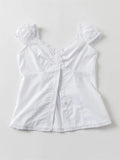 Bonnyshow  Sweet White Folds Blouse Top Women New Casual Single Breasted Ruffle Sleeveless Tank Tops Vest Preppy Style Basic Camisole Y2K