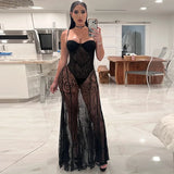 Bonnyshow Black Lace Maxi Dress Women Sexy See Through Slim Beach Holiday Dress Fashion Spaghetti Strap Club Party Dress 2024 Beachwear